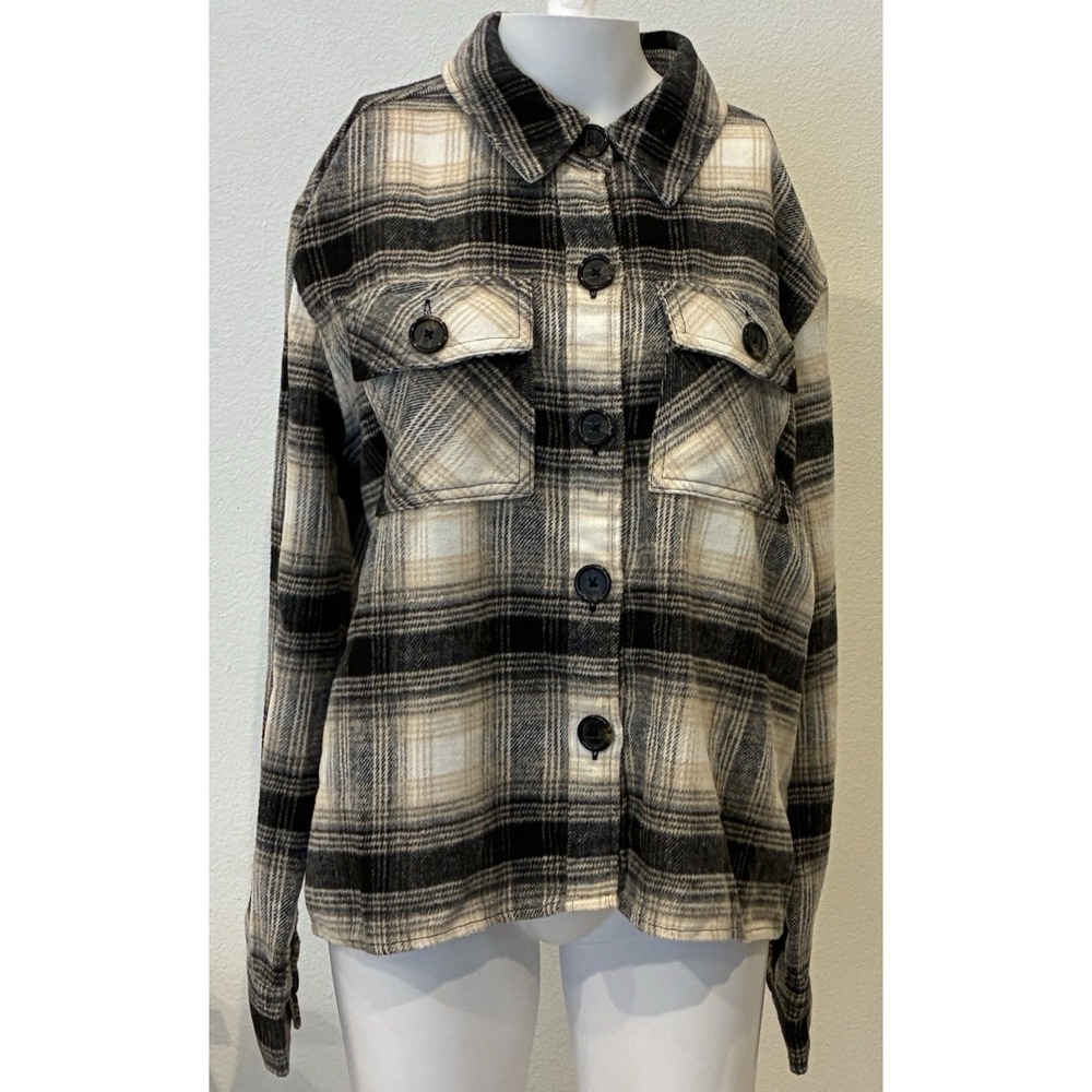 BB Dakota Womens Button Up Plaid Flannel Shacket Jacket Size L Black/Cream Cozy